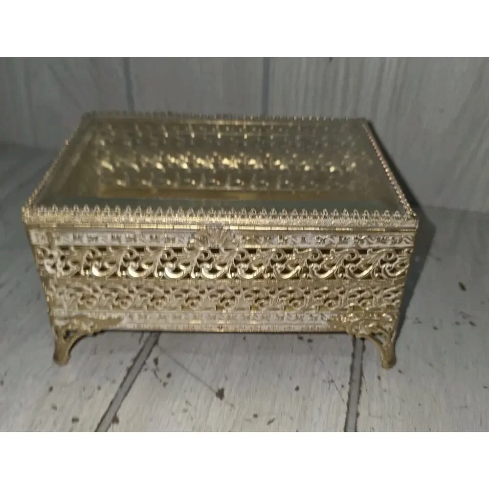 Vintage Antique Gilt Filigree Velvet Lined Beveled Glass Jewelry Box Victorian